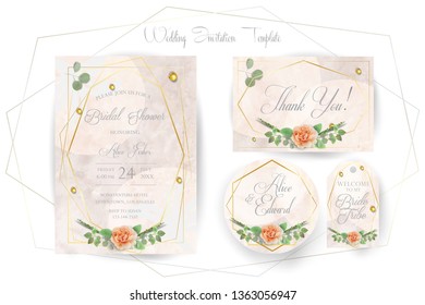 Floral Wedding Invitation elegant invite set, thank you, rsvp, Save the Date, Bridal Shower, marriage day card Design garden flowers pink peach Rose, green Eucalyptus leaf greenery bouquet template