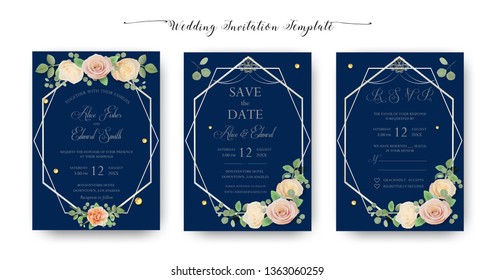 Floral Wedding Invitation elegant invite set, thank you, rsvp, Save the Date, Bridal Shower, marriage day card Design garden flowers pink peach Rose, green Eucalyptus leaf greenery bouquet template