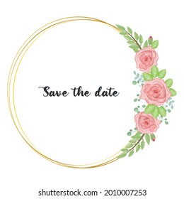 Invitación a la boda floral. Elegante invitación, tarjeta, acuarela vector Diseño: rosa flor de jardín, rosa melocotón, verde tierno, ramo de bayas, marco geométrico dorado de impresión, espacio de copias.
