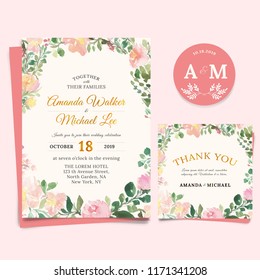 Floral Wedding Invitation elegant, thank you card Design, watercolor style