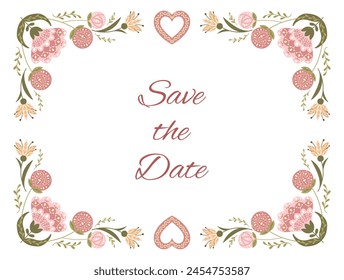 Floral wedding invitation in flat folk style in muted colors. Botanical illustration for wedding or engagement horizontal template isolated on white background