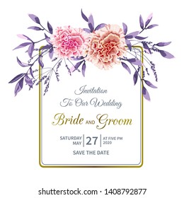 Floral wedding invitation with flower garland of colorful terry petunia and foliage on white background. Vector illustration of garden plants.