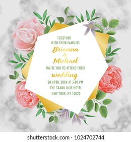 Floral wedding invitation with flowers, herb and bushes branches in watercolor style on marble background. Greenery botanical template with text place for invite, greeting, birthday card and covers.