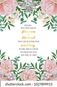 Floral wedding invitation with flowers, herb and bushes branches in watercolor style on white background. Greenery botanical A4 template with text place for invite, greeting, birthday card and covers.