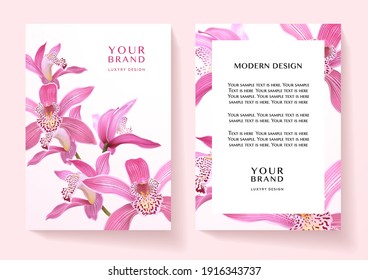 Cubierta tropical y diseño de cuadros con ramo de flores de orquídea asiática rosa. Patrón de fondo exótico útil para boda, menú, cartel de vacaciones de verano