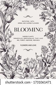  Floral wedding invitation with garden flowers. Blooming. Vector botanical illustration. Black and white. 