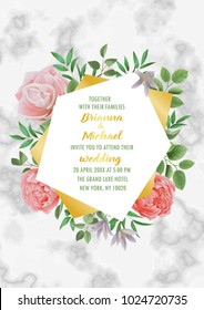 Floral wedding invitation with geometric frame, flowers, herb branches in watercolor style on marble background. Greenery A4 template with text place for invite, greeting, birthday card and covers.