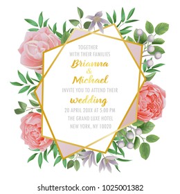 Floral wedding invitation with geometric frame, flowers, herb in watercolor style on white background. Greenery botanical template with text place for invite, greeting, birthday card and covers.