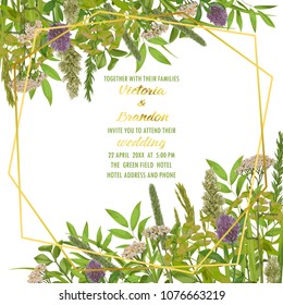 Floral wedding invitation with geometric gold frame, herb and field flowers in watercolor style. Greenery botanical template with text place for invite, greeting, birthday card and covers.