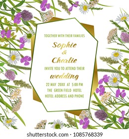 Floral wedding invitation with geometric gold frame, herb and field flowers in watercolor style. Greenery botanical template with text place for invite, greeting, birthday card and covers.