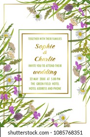 Floral wedding invitation with geometric gold frame, herb and field flowers in watercolor style. Greenery botanical A4 template with text place for invite, greeting, birthday card and covers.