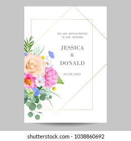 Floral wedding invitation with golden lines 