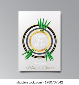 Floral wedding invitation, golden white luxury elegant retro. Save the date poster, geometric greeting card invite. Modern abstract elements vector illustration design with hipster trendy