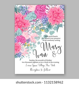 Floral wedding invitation or greeting card Wreath pink chrysanthemum marriage baby shower bridal shower invitation, party celebration vector printable template watercolor background