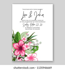 Floral wedding invitation or greeting card vector printable template Wreath of flower bridal shower bouquet baby shower invite pink hibiscus tropical palm plant leaves