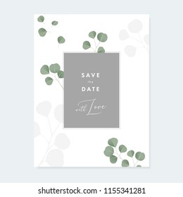 Floral wedding  invitation, greeting card with green Silver dollar Eucalyptus leaves isolated on white background. Simple botanical design, vintage vector illustration, brochure template.