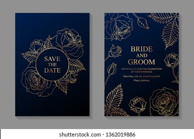 Floral wedding invitation or greeting card design with golden roses on a dark blue background.