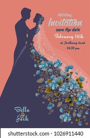 floral wedding invitation with a groom and bride