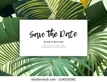 Floral wedding invitation with guzmania flowers, monstera and royal palm leaves. Exotic hawaiian vector background.