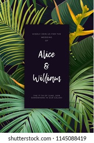 Floral wedding invitation with guzmania flowers, monstera and royal palm leaves. Exotic hawaiian vector background.