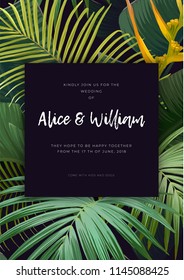 Floral wedding invitation with guzmania flowers, monstera and royal palm leaves. Exotic hawaiian vector background.