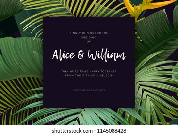 Floral wedding invitation with guzmania flowers, monstera and royal palm leaves. Exotic hawaiian vector background. - Shutterstock ID 1145088428