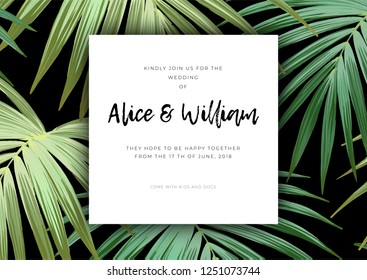 Floral wedding invitation with guzmania flowers, monstera and royal palm leaves. Exotic hawaiian vector background.