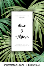 Floral wedding invitation with guzmania flowers, monstera and royal palm leaves. Exotic hawaiian vector background.