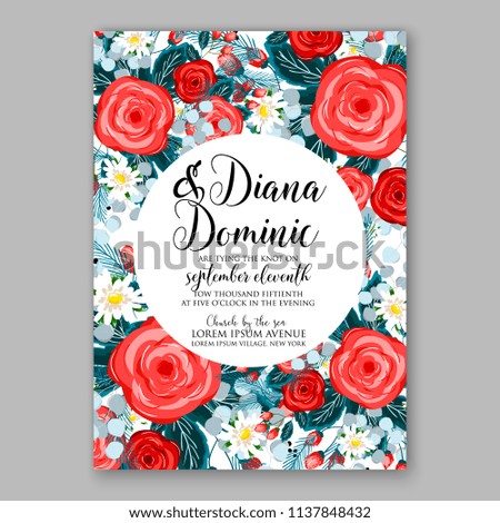 Floral Wedding Invitation, invite elegant card vector Design garden flower red rose peony Rose Anemone green blue Eucalyptus delicate greenery, berry bouquet print border & text space wedding wording