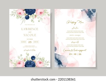Floral wedding invitation and menu template set with navy and pink roses and leaves decoration