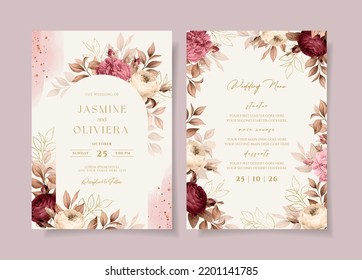Floral wedding invitation and menu template set with roses and leaves decoration