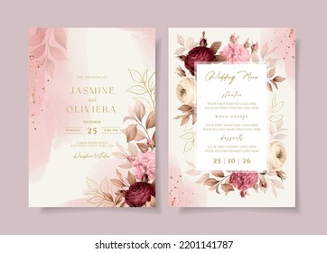 Floral wedding invitation and menu template set with roses and leaves decoration