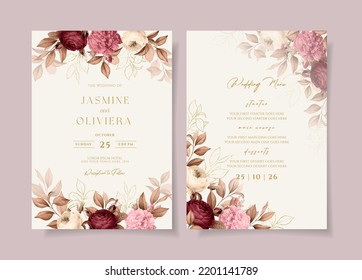 Floral wedding invitation and menu template set with roses and leaves decoration