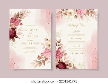 Floral wedding invitation and menu template set with roses and leaves decoration