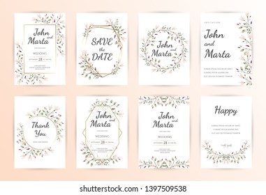 Floral Wedding Invitation. Modern card Design. Save the Date Card Templates Set with Greenery, Decorative Floral and Herbs Element. Vintage Botanical. eps 10