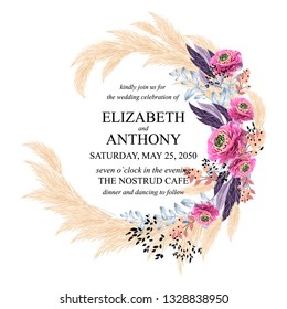 Floral wedding invitation peony rose greenery pampas grass 