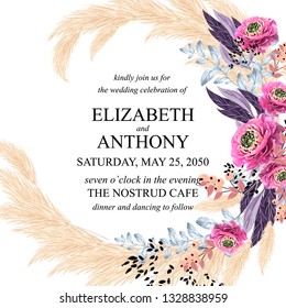 Floral Wedding Invitation Peony Rose Greenery Pampas Grass 