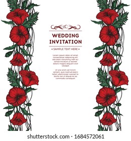 Floral wedding invitation with poppy. Beautiful seamless border with poppy, vertical orientation. Hand drawn poppy. Design element for greeting cards or posters. With space for text.