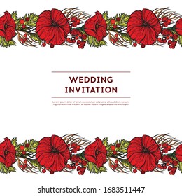 Floral wedding invitation with poppy. Suitable for the design of invitations or holiday cards. Beautiful seamless border with poppy. For your design. With space for text. Isolated background.
