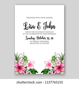 Floral wedding invitation printable template card vector flower wreath for bridal shower invitation baby shower party anniversary hibiscus tropical palm leaves aloha luau