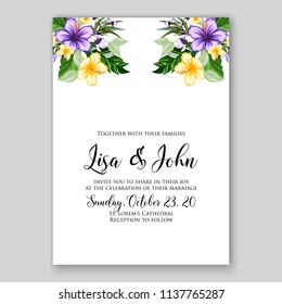 Floral wedding invitation printable template card vector flower wreath for bridal shower invitation baby shower party anniversary hibiscus tropical palm leaves aloha luau