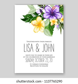 Floral wedding invitation printable template card vector flower wreath for bridal shower invitation baby shower party anniversary hibiscus tropical palm leaves aloha luau