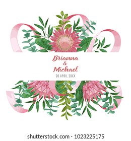 Floral wedding invitation with protea flowers, herb and bushes branches with leaves in watercolor style. Greenery botanical template with text place for invite, greeting, birthday card and covers.