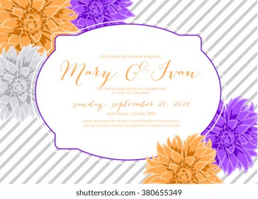 Floral wedding invitation with purple and orange chrysanthemum flowers