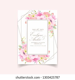 floral wedding invitation with ranunculus, magnolia and anemone flowers  