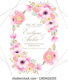 floral wedding invitation with ranunculus, magnolia and anemone flowers  