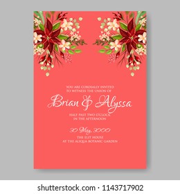 Floral wedding invitation red poinsettia winter wreath fir pine needle