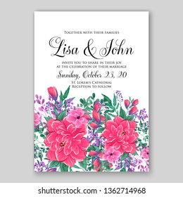 Floral wedding invitation with rose  peony poppy greenery herbs vector wreath card template