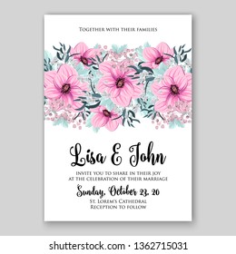 Floral wedding invitation with rose  peony poppy greenery herbs vector wreath card template