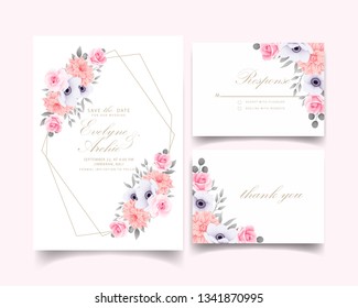 floral wedding invitation with roses, dahlia and anemone flowers  